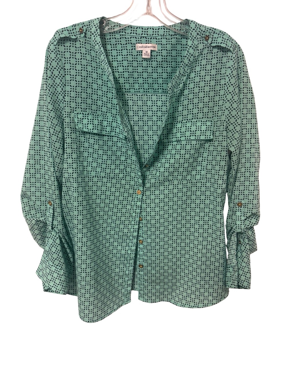 croft & barrow Mint-Green Blouse with Black Dot Pattern